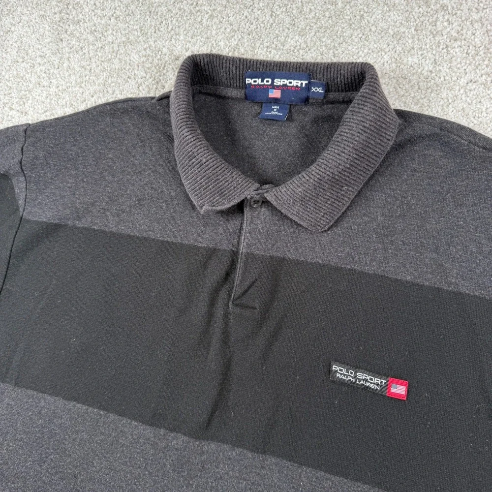 Polo Sport Polo Shirt Mens XXL Black Gray Striped Short‎ Sleeve Vintage Patch